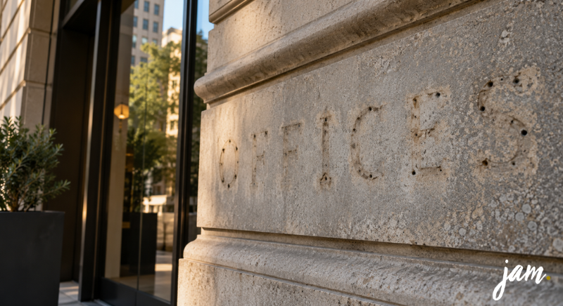 Commercial building facade showing the faint outline of removed signage, illustrating how brand language can change while underlying value remains.